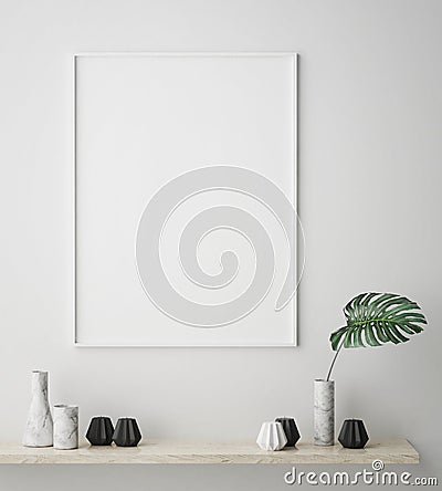 Mock up poster frame in hipster interior background, scandinavian style, 3D render Cartoon Illustration