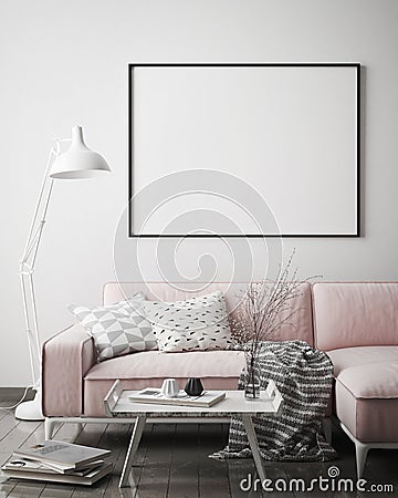 Mock up poster frame in hipster interior background, scandinavian style, 3D render Cartoon Illustration