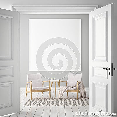 Mock up poster frame in hipster interior background, scandinavian style, 3D render Cartoon Illustration