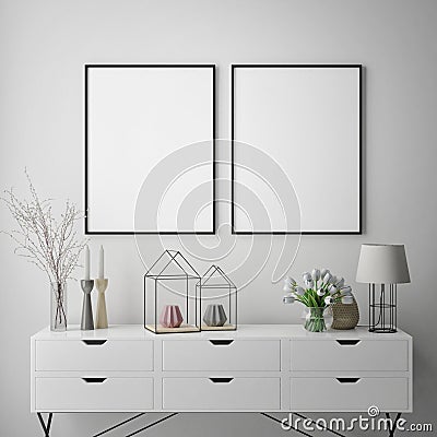 Mock up poster frame in hipster interior background, scandinavian style, 3D render Cartoon Illustration