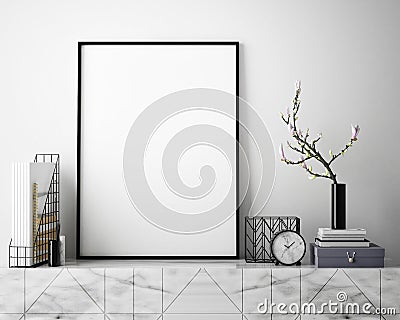 Mock up poster frame in hipster interior background, scandinavian style, 3D render Cartoon Illustration