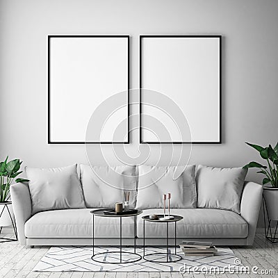 Mock up poster frame in hipster interior background, scandinavian style, 3D render Cartoon Illustration