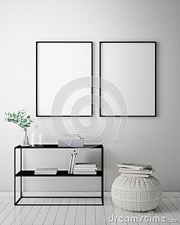 Mock up poster frame in hipster interior background, scandinavian style, 3D render Cartoon Illustration