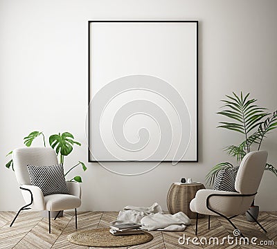 Mock up poster frame in hipster interior background, scandinavian style, 3D render Cartoon Illustration