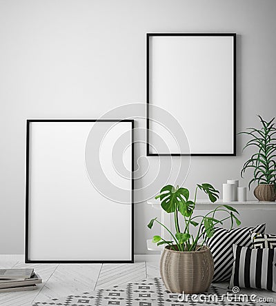 Mock up poster frame in hipster interior background, Scandinavian style, 3D render Cartoon Illustration