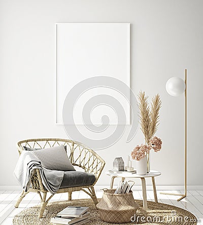 Mock up poster frame in hipster interior background, living room,Scandinavian style, 3D render, 3D illustration Cartoon Illustration