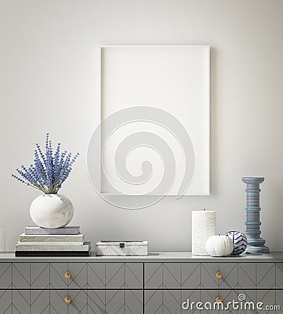 Mock up poster frame in hipster interior background, living room,Scandinavian style, 3D render, 3D illustration Cartoon Illustration