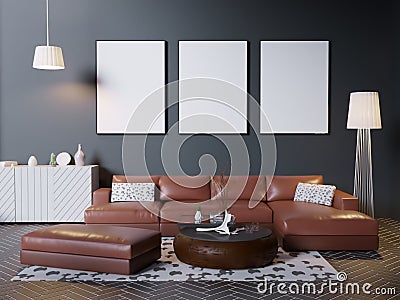 Mock up poster frame in hipster interior background, Scandinavian style, 3D render, 3D illustration Cartoon Illustration