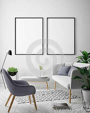 Mock up poster frame in hipster interior background, Scandinavian style, 3D render Cartoon Illustration