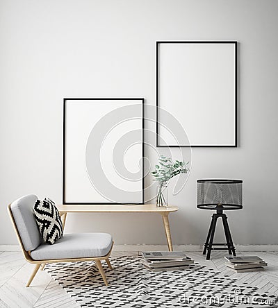 Mock up poster frame in hipster interior background, Scandinavian style, 3D render Cartoon Illustration