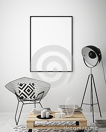 Mock up poster frame in hipster interior background, Scandinavian style, 3D render Cartoon Illustration