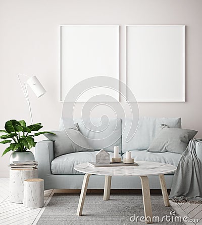 Mock up poster frame in hipster interior living roombackground, scandinavian style Cartoon Illustration