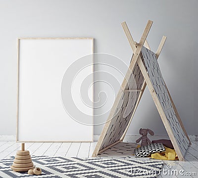 Mock up poster frame in hipster room, scandinavian style interior background, 3D render Cartoon Illustration