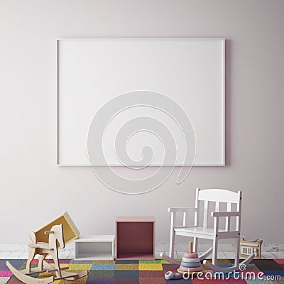 Mock up poster frame in hipster room, scandinavian style interior background, 3D render Cartoon Illustration