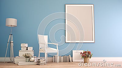 Mock up poster frame in home decor blue Stock Photo