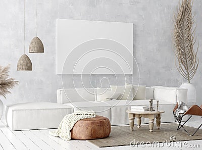 Mock up poster frame in home interior background, Scandi-boho style Stock Photo