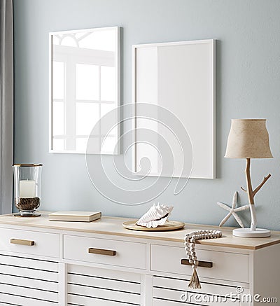 Mock up poster frame in interior background, Coastal style Stock Photo