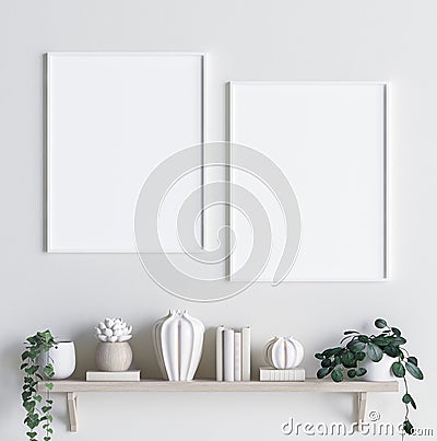 Mock up poster frame in interior background with decor on shelf Stock Photo