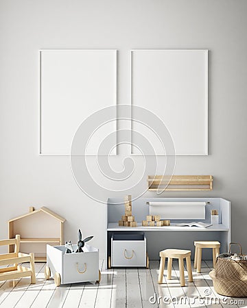 Mock up poster frame in interior background, kids room,Scandinavian style, 3D render, 3D illustration Cartoon Illustration