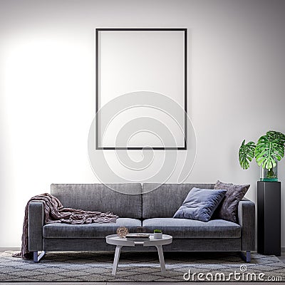 Mock up poster frame in Interior, modern style with sofa, 3D illustration Cartoon Illustration