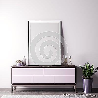 Mock up poster frame in Interior room with white wal, modern style, 3D illustration Cartoon Illustration