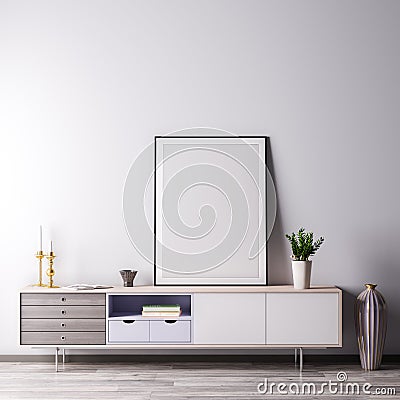 Mock up poster frame in Interior room with white wal, modern style, 3D illustration Cartoon Illustration