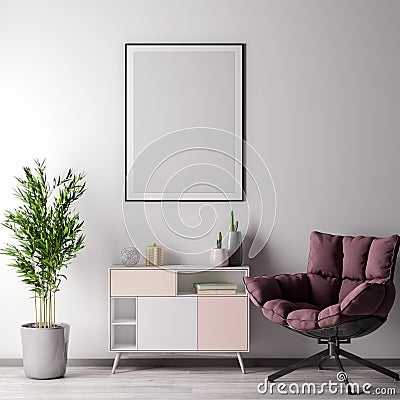 Mock up poster frame in Interior room with white wal, modern style, 3D illustration Cartoon Illustration