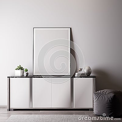 Mock up poster frame in Interior room with white wal, modern style, 3D illustration Cartoon Illustration