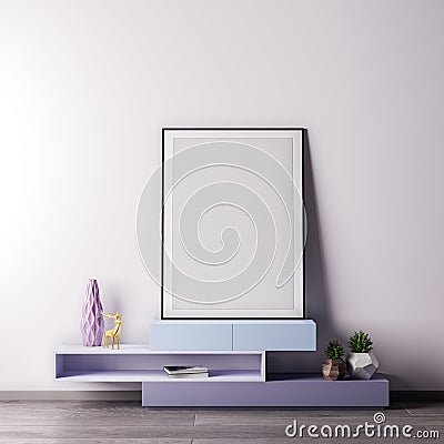 Mock up poster frame in Interior room with white wal, modern style, 3D illustration Cartoon Illustration