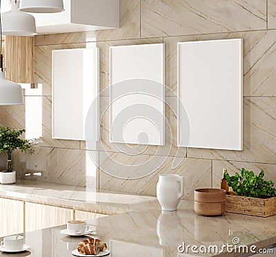 Mock up poster frame in kitchen interior background Stock Photo