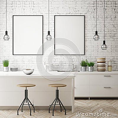 Mock up poster frame in kitchen interior background, Scandinavian style, 3D render Cartoon Illustration