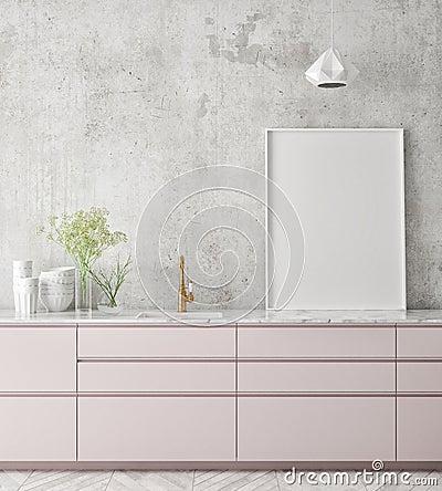 Mock up poster frame in kitchen interior background, Scandinavian style, 3D render Cartoon Illustration