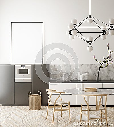 Mock up poster frame in kitchen interior background, Scandinavian style, 3D render Cartoon Illustration