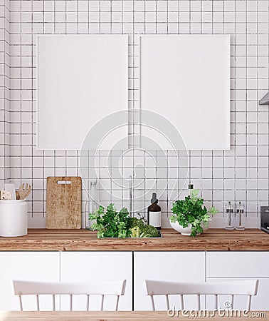 Mock up poster frame in kitchen interior, Scandinavian style Stock Photo