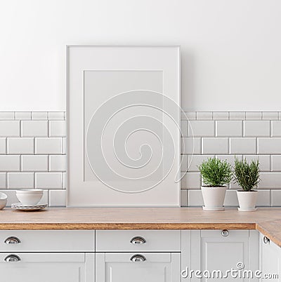 Mock up poster frame in kitchen interior, Scandinavian style Stock Photo
