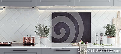 Mock up poster frame in kitchen interior, Scandinavian style, panoramic background Stock Photo