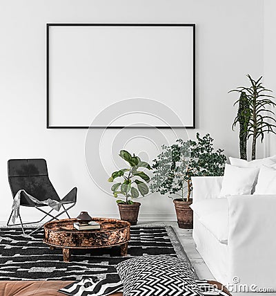 Mock-up poster frame in living room background, Scandi-Boho style Stock Photo