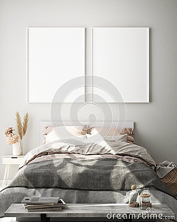 Mock up poster frame in hipster interior background, living room,Scandinavian style, 3D render, 3D illustration Cartoon Illustration