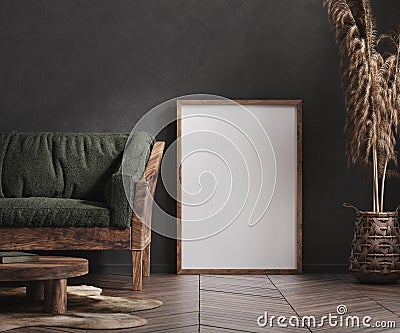 Mock up poster frame in living room interior, ethnic style Stock Photo