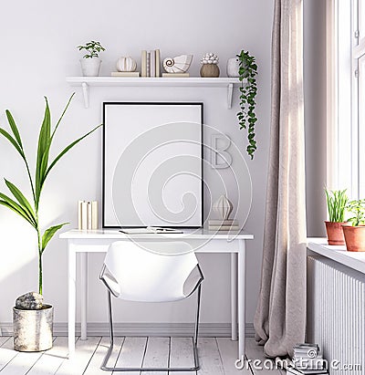 Mock up poster frame in living room, working area, Scandinavian style Stock Photo