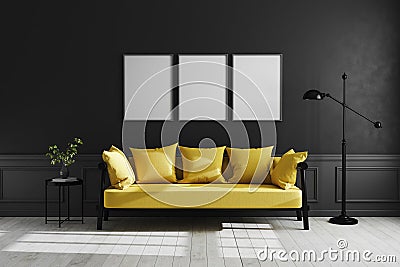 Mock up poster frame in Luxury dark living room interior background, black empty wall mock up, modern living room with yellow sofa Stock Photo