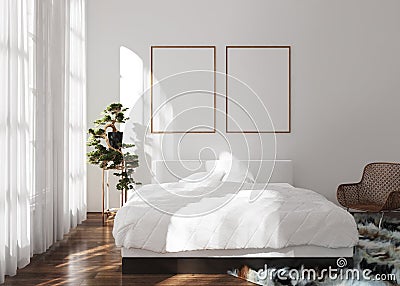 Mock-up poster frame in modern bedroom, Scandinavian style Stock Photo