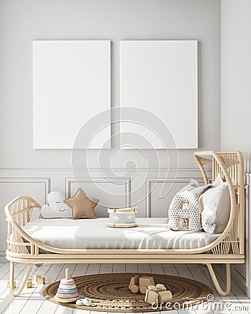 Mock up poster frame in modern interior background, kids bedroom, Scandinavian style, 3D render Cartoon Illustration