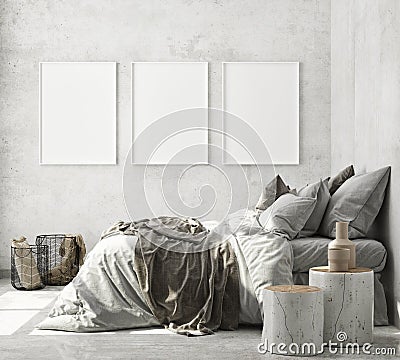 Mock up poster frame in modern interior background, bedroom, Scandinavian style, 3D render Cartoon Illustration