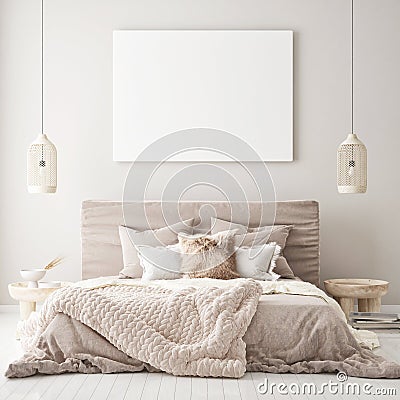 Mock up poster frame in modern interior background, bedroom, Scandinavian style, 3D render Cartoon Illustration