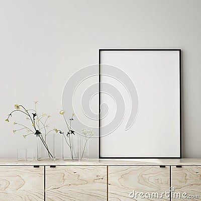 Mock up poster frame in modern interior background, close up, livingroom, Scandinavian style, 3D render Cartoon Illustration