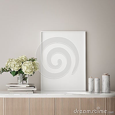 Mock up poster frame in modern interior background, close up, livingroom, Scandinavian style, 3D render Cartoon Illustration