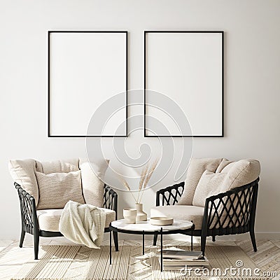 Mock up poster frame in modern interior background, close up, livingroom, Scandinavian style, 3D render Cartoon Illustration