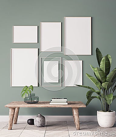 Mock up poster frame in modern interior background, gallery wall in green living room, Scandinavian Boho style Stock Photo