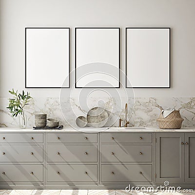 Mock up poster frame in modern interior background, kitchen, Scandinavian style, 3D render Cartoon Illustration